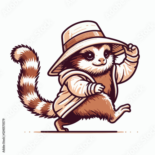 Stylish Marmoset: A charming illustration of a marmoset monkey, donning a stylish safari hat and jacket, strolls with a confident stride.  The artwork is rendered in a warm sepia tone.