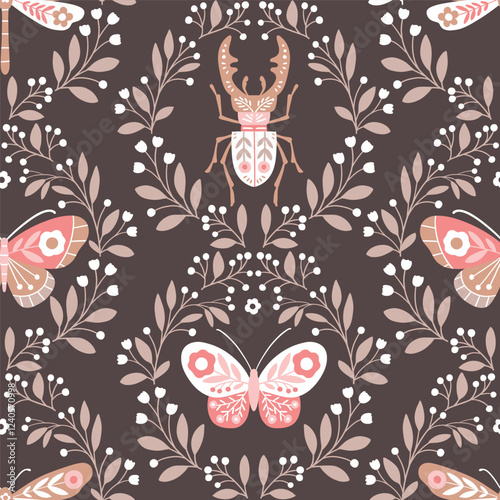 Seamless vector pattern with hand drawn butterfly, dragonfly and stag beetle in floral wreath. Cute patterned insect illustration. Perfect for textile, wallpaper or print design. EPS10 vector file.