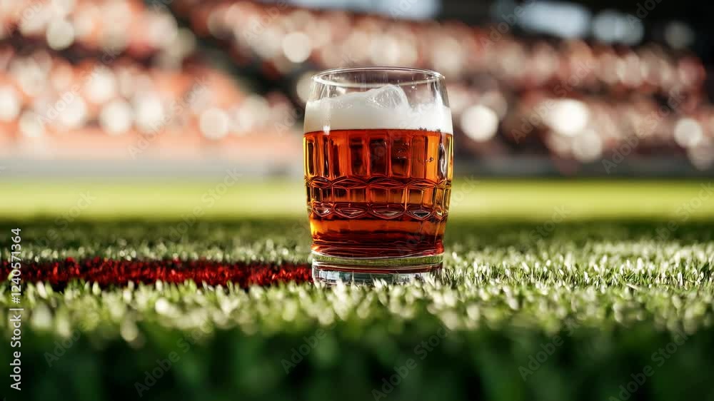 A glass of beer is sitting on a sports stadium