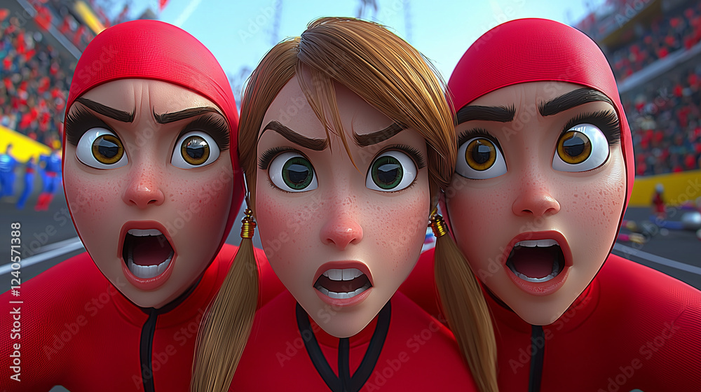 Obraz premium Dynamic animated characters in bold red-themed outfits with expressive faces, showcasing intensity, determination, and teamwork in a vibrant, action-packed scene. 