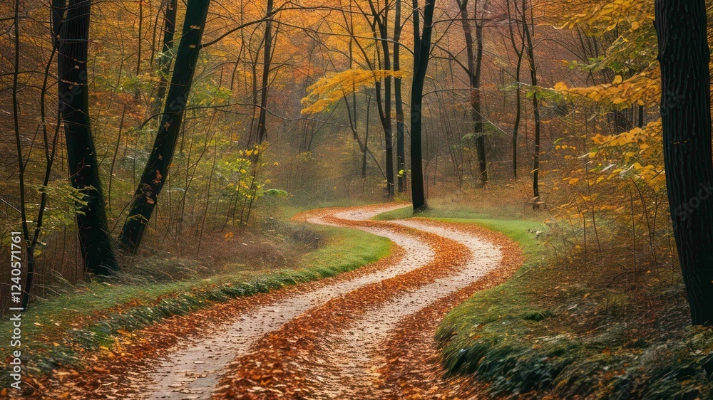 Fototapeta premium Winding forest path covered with autumn leaves in a serene setting
