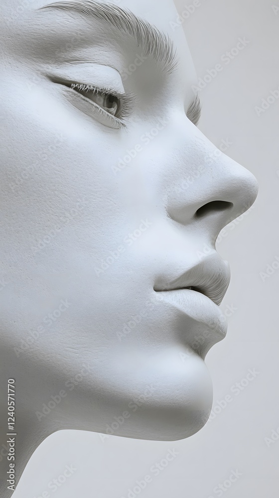 1. A close-up of a human face with defined cheekbones and a smooth jawline, on a white background 1. A close-up of a human face with defined cheekbones and a smooth jawline, on a white background