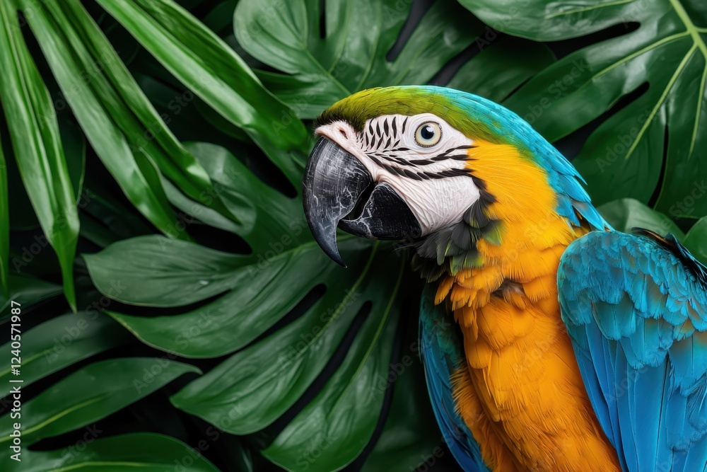 Obraz premium Stunning close up portrait of a vibrant macaw bird perched amidst the lush green foliage of a tropical rainforest The macaw s colorful plumage of vibrant blues yellows