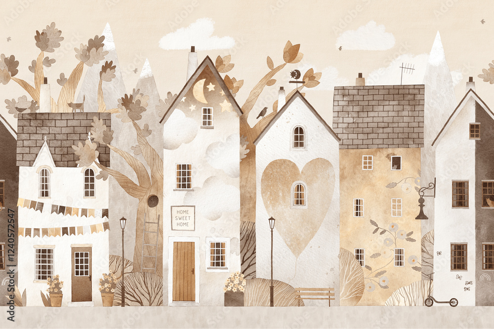 custom made wallpaper toronto digitalCute summer sity. Watercolor illustration. Wallpaper for children's room. Beautiful houses in the old town with mountains in the background. Seamless pattern.