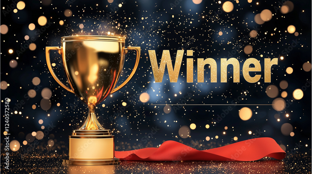 Golden trophy with winner text against a sparkling dark blue background, celebrating achievement, success, and excellence.
Golden trophy with winner text against a sparkling dark blue background, celebrating achievement, success, and excellence.