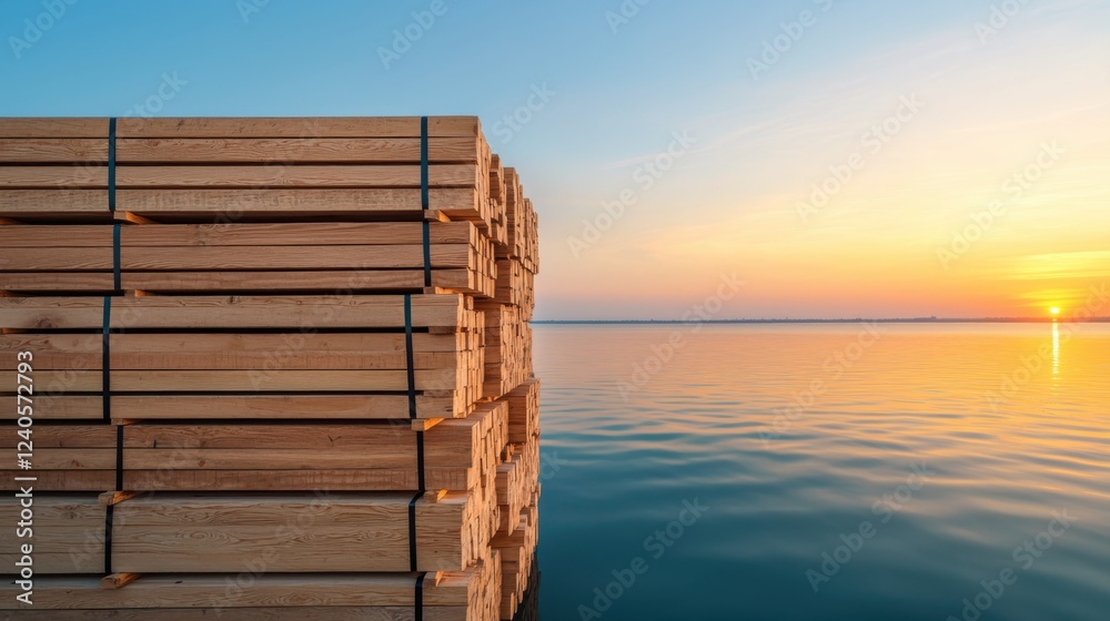 Serene and tranquil coastal harbor with neatly stacked timber planks or logs at the water s edge reflecting the warm colors of a sunset sky Serene and tranquil coastal harbor with neatly stacked timber planks or logs at the water s edge reflecting the warm colors of a sunset sky