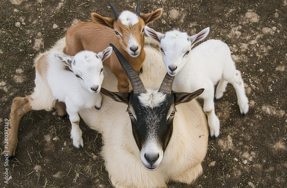 Fototapeta premium Adult Goat with Three Kid Goats on Ground