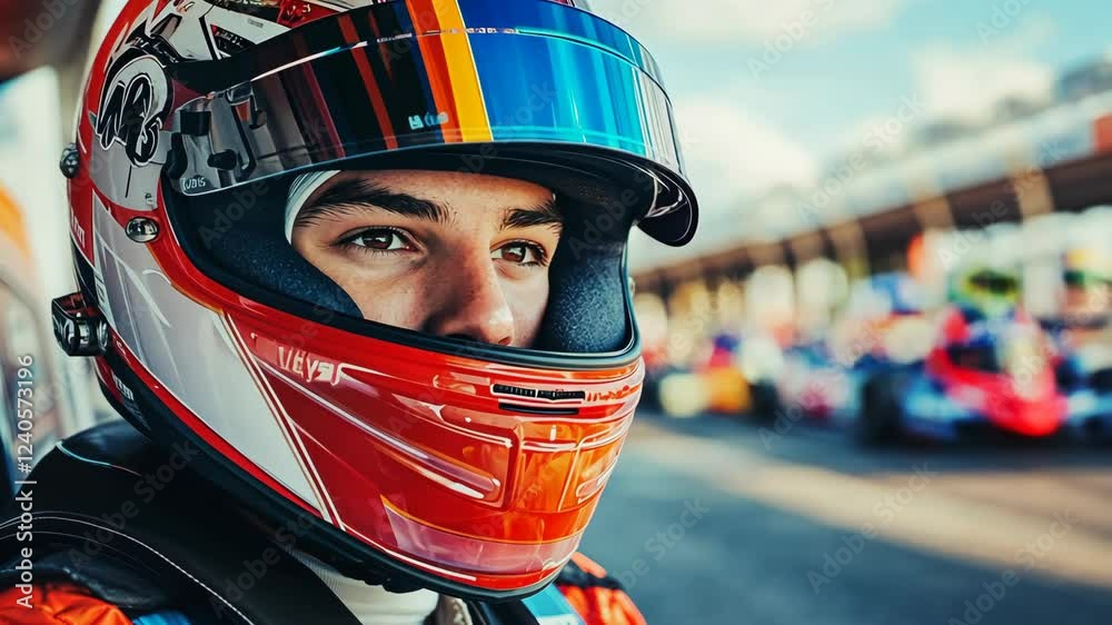 Young race car driver prepares for competition at a vibrant motorsport event during daylight hours Young race car driver prepares for competition at a vibrant motorsport event during daylight hours