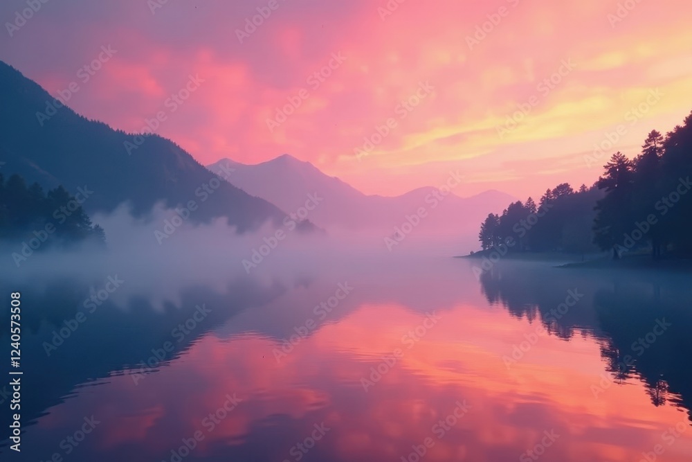 Fototapeta premium Pink and orange hues illuminate low-hanging fog above tranquil water , view, sunrise