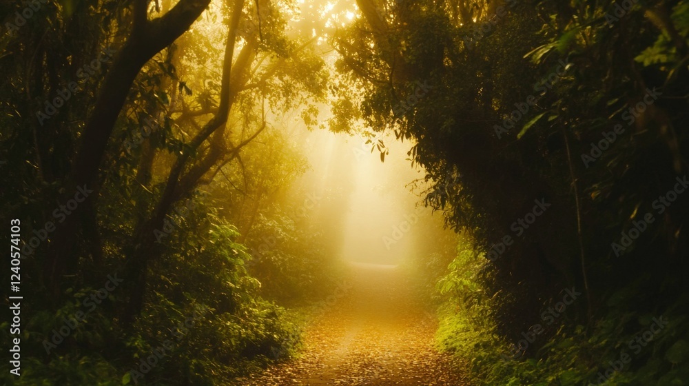 Obraz premium Enchanting forest pathway illuminated by warm sunlight for tranquil nature escape