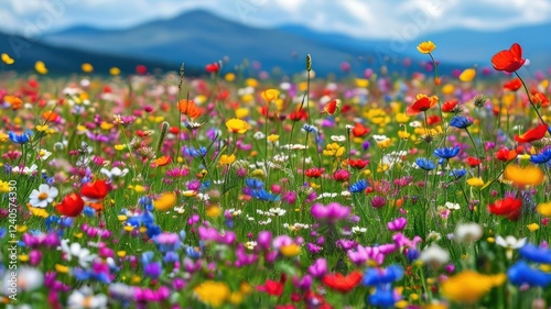Vibrant wildflower meadow under a blue sky with distant mountains