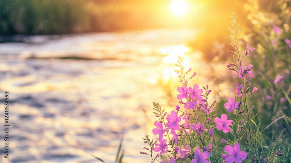 Obraz premium Blooming Wildflowers Along the Riverbanks at Sunset