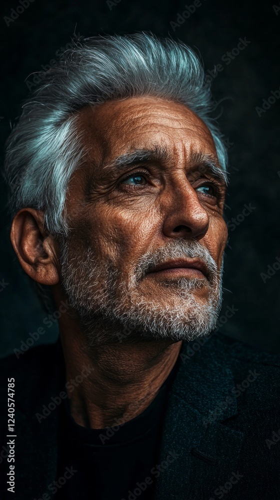 Fototapeta premium A distinguished older man with silver hair and a beard looks upward, his expressions hinting at a rich life filled with stories. Shadows play across his face, enhancing the depth of his gaze