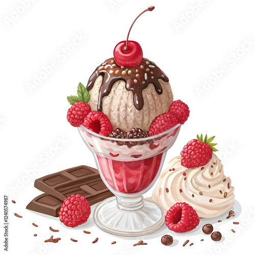 A delicious raspberry and chocolate ice cream sundae