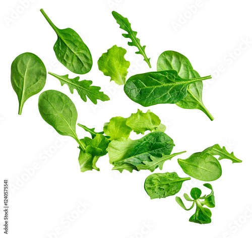 Falling Spring mix leaves isolated on white. Explosion of fresh green salad leaves. Flying arugula, lettuce, spinach close up.Creative layout photo