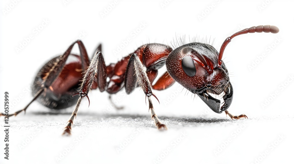 Macro shot of red ant on white background; insect study