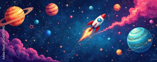 Whimsical hand-drawn planets, stars, comets, and rockets , milky way, rocket, cartoon