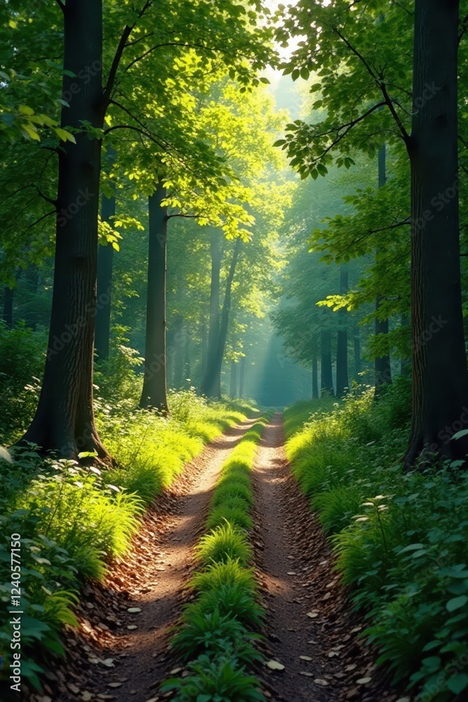 Fototapeta premium Sun-dappled path splits at a rustic forest crossroads , trail, nature
