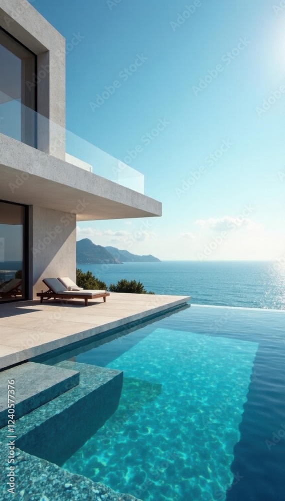 Fototapeta premium Sleek minimalist home, infinity pool overlooking ocean, sunset, luxury, serene