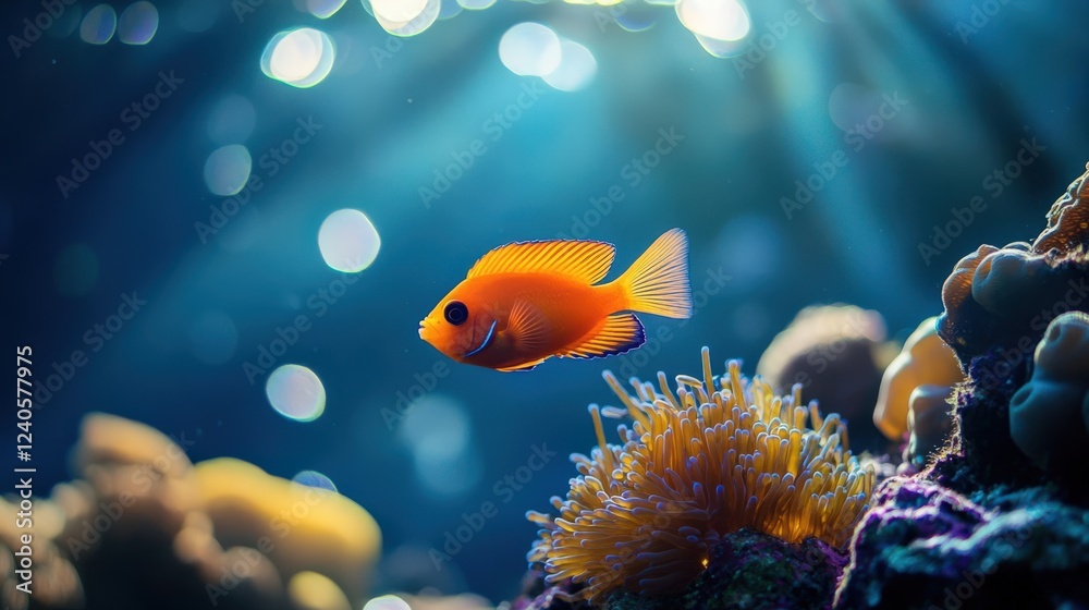 Fototapeta premium A vibrant orange fish swimming in clear water with colorful coral. Light beams create a magical underwater scene.