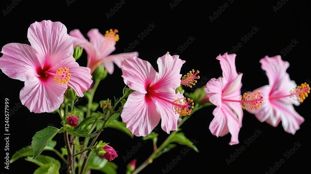 Fototapeta premium Vibrant pink hibiscus flowers against a black background