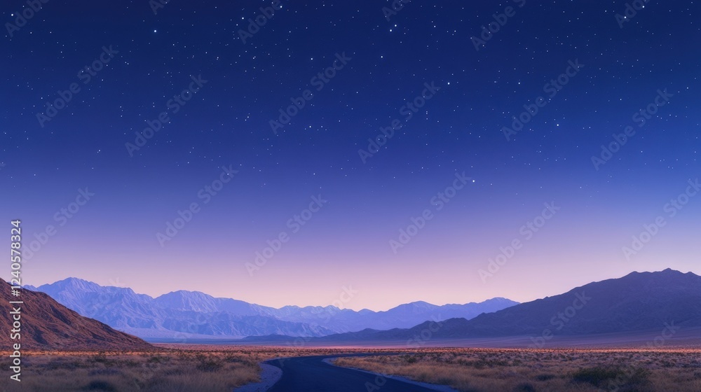 Serene twilight landscape with mountain skyline and starry night sky Serene twilight landscape with mountain skyline and starry night sky