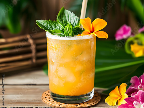 vibrant cocktail served in glass, featuring ice, mint leaves, and tropical flowers, perfect for refreshing drink on sunny day photo