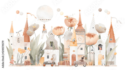 Children's city among flowers. Cute houses, flowers, bunnies. Fairytale castle. World of dreams. Cute bunny town.