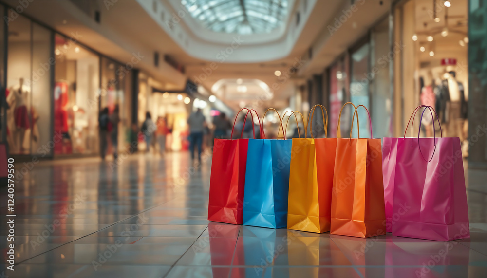 Vibrant Shopping Bags In A Bustling Mall Setting Vibrant Shopping Bags In A Bustling Mall Setting