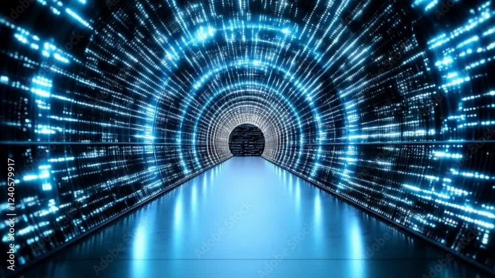 Expanding digital tunnel revealing glowing blue pathway, reflecting technological innovation through luminous corridor with seamless motion design