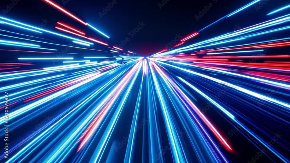 Fast motion through a futuristic tunnel with neon lights creates a vibrant and dynamic visual experience
