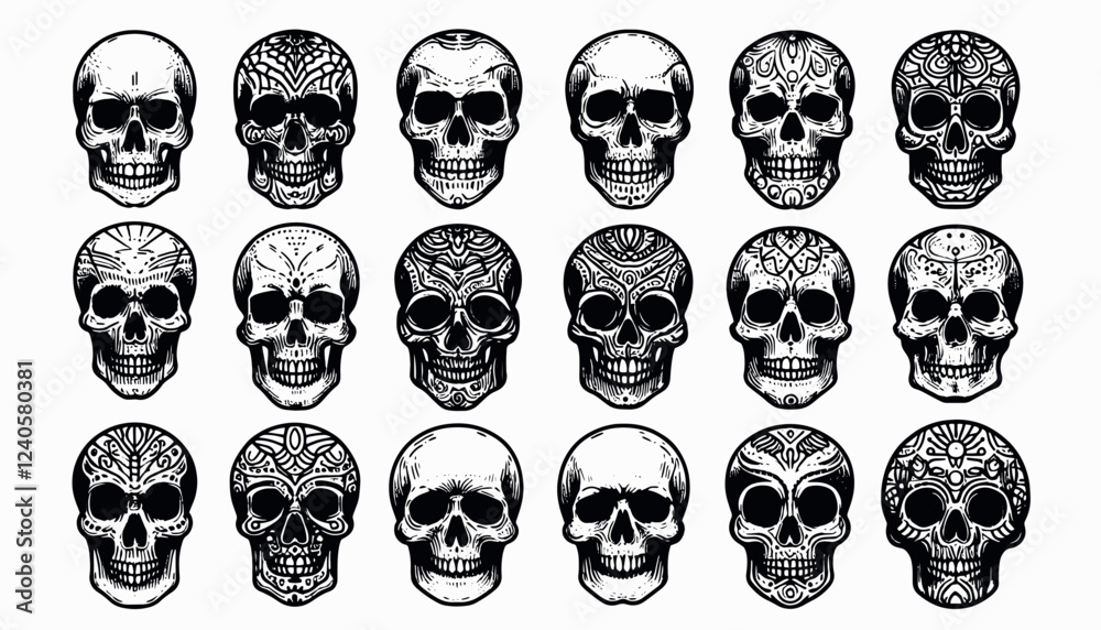 Skull Set black and white vector illustration. Different Simple Tatoo skull designs Skull Set black and white vector illustration. Different Simple Tatoo skull designs