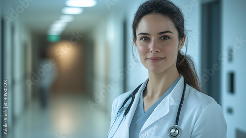 Free Download A female doctor in a white lab coat with a stethoscope around her neck, standing in a bright, clean hospital corridor. She has a warm, professional expression, ready to assist patients. - GFXLoad