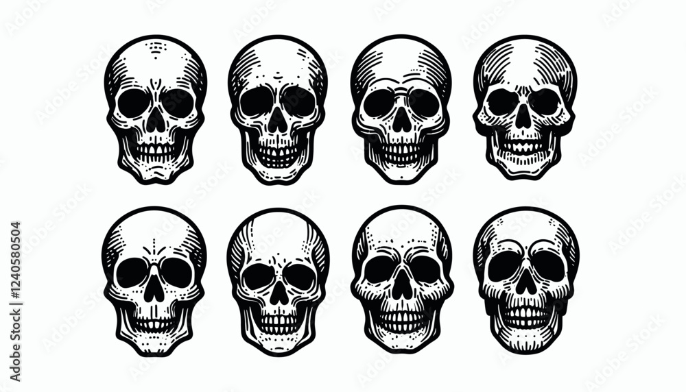 Skull Set black and white vector illustration. Different Simple Tatoo skull designs Skull Set black and white vector illustration. Different Simple Tatoo skull designs