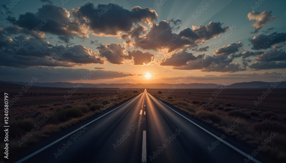 Fototapeta premium Majestic sunset over open road in vast landscape, journey ahead