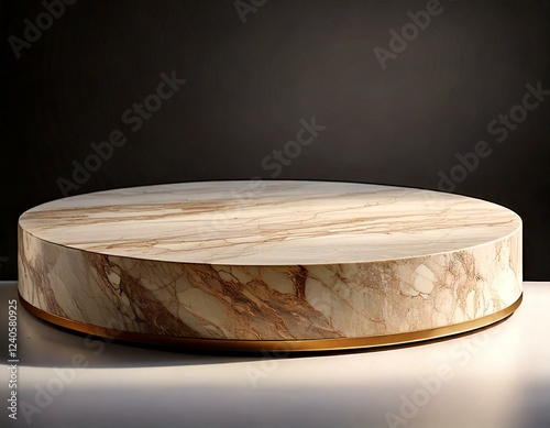 Realistic macro photo of beige flat round marble podium, smooth texture, fine details, side view, minimalistic design, natural light, clean white background, artistic composition, soft shadows, elegan photo