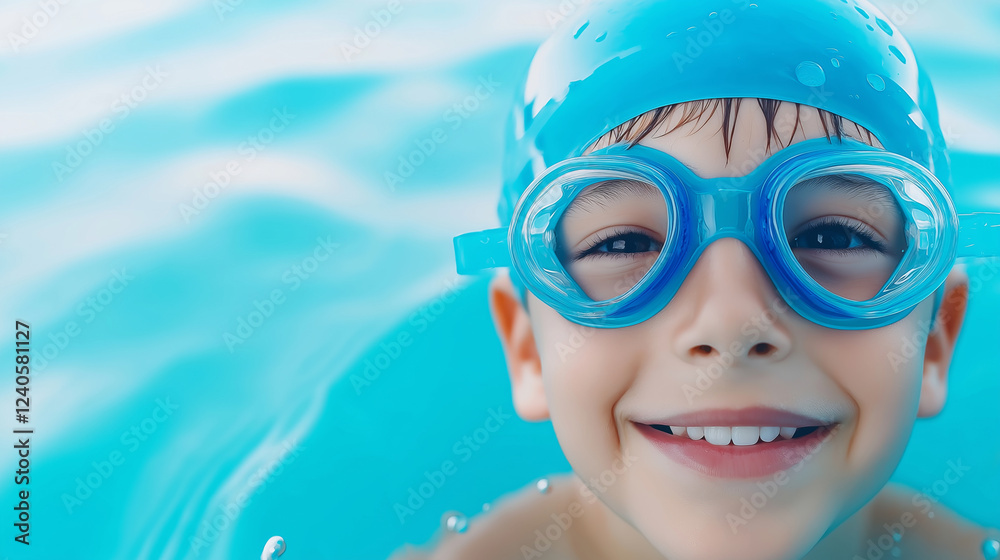 Naklejka premium Smiling caucasian male child swimmer in bright blue goggles enjoying pool time