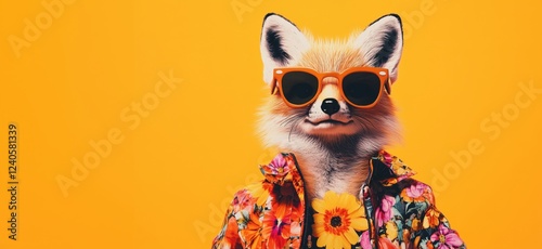 Stylish fox wearing sunglasses and floral shirt against vibrant orange background, showcasing playful and trendy animal fashion, copy space for text photo