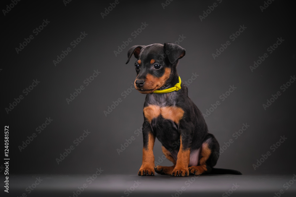 A black and tan miniature pinscher puppy is sitting on a black background. Beautiful dog, studio shooting A black and tan miniature pinscher puppy is sitting on a black background. Beautiful dog, studio shooting