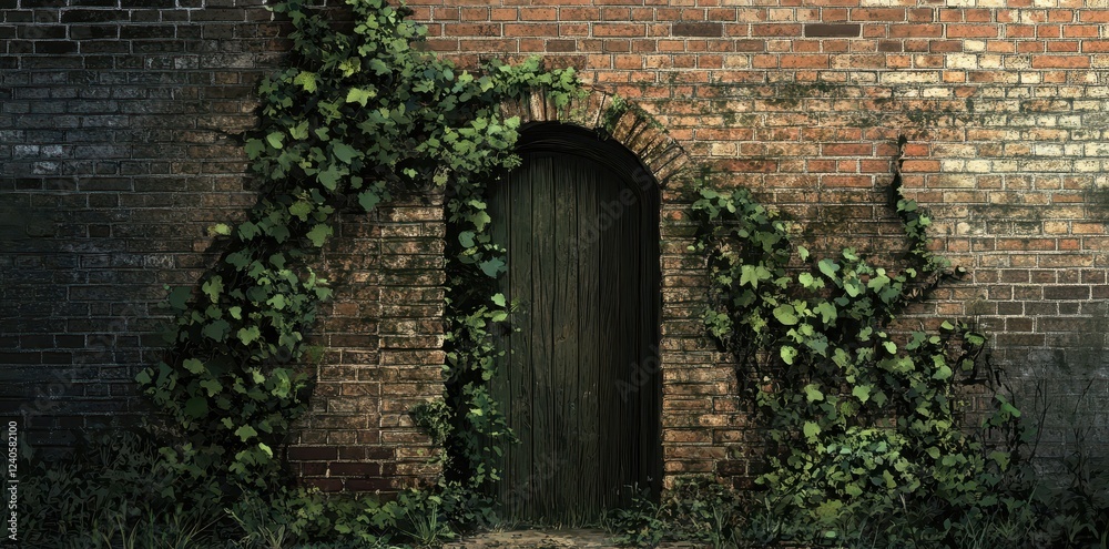 Overgrown Brick Wall With Ancient Wooden Door Overgrown Brick Wall With Ancient Wooden Door