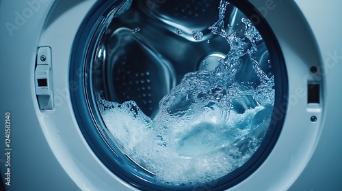  Modern Washing Machine in Home Laundry Room, Ready for Use with Clean and Efficient Design
