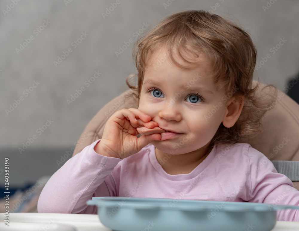 A smiling toddler enjoying a snack while sitting at the table in a cozy home setting A smiling toddler enjoying a snack while sitting at the table in a cozy home setting