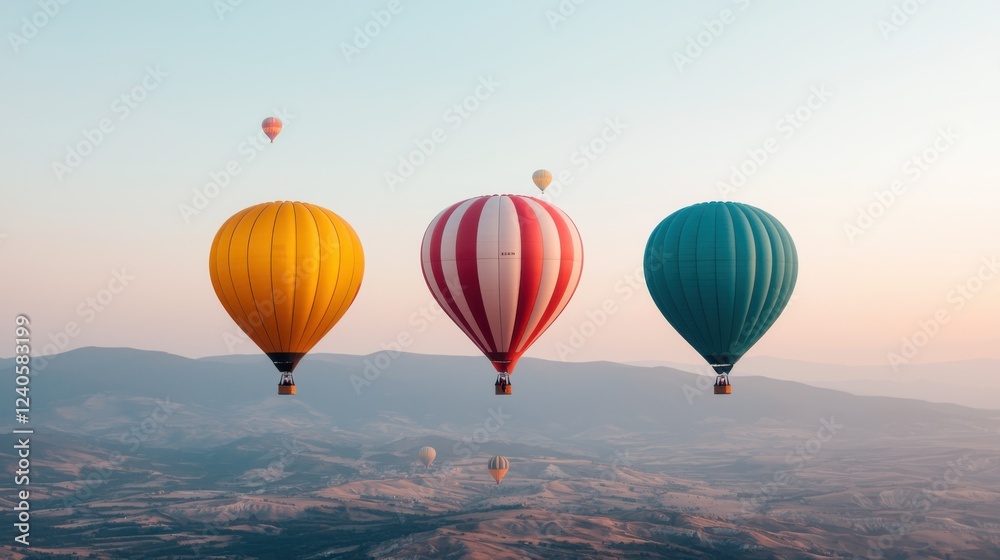 Fototapeta Surreal Hot Air Balloon Festival at Sunrise with Vibrant Balloons Floating over Serene Landscape  Captivating and Dreamlike Scene of Colorful Balloons Soaring in the Hazy Misty Morning Sky
