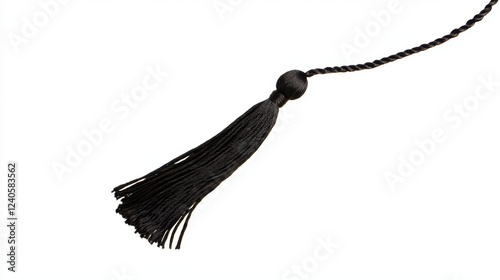 graduation hat. Black tassel with braided cord and detailed strands swaying gently