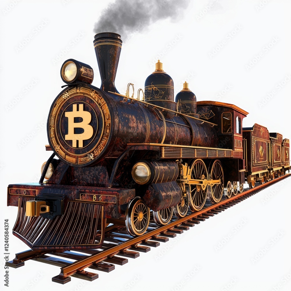 Naklejka premium Vintage Steam Locomotive with Bitcoin Symbol, Illustrating Cryptocurrency and Transportation Fusion Concept
