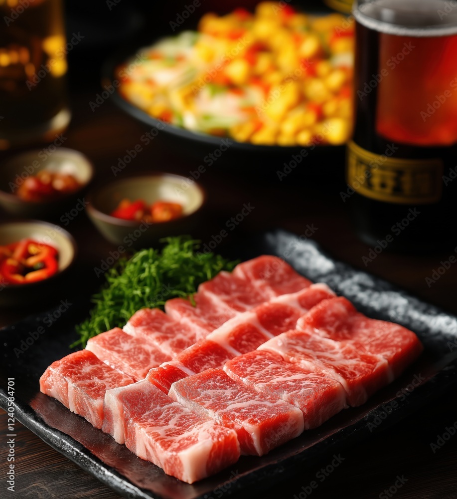 Sliced marbled pork belly on black plate, surrounded by colorful dishes and beverages, showcasing a delicious meal setting, copy space for text Sliced marbled pork belly on black plate, surrounded by colorful dishes and beverages, showcasing a delicious meal setting, copy space for text