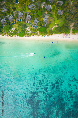 Aerial view of beautiful tropical beach with turquoise ocean and sandy shoreline, Triolet, Mauritius. photo