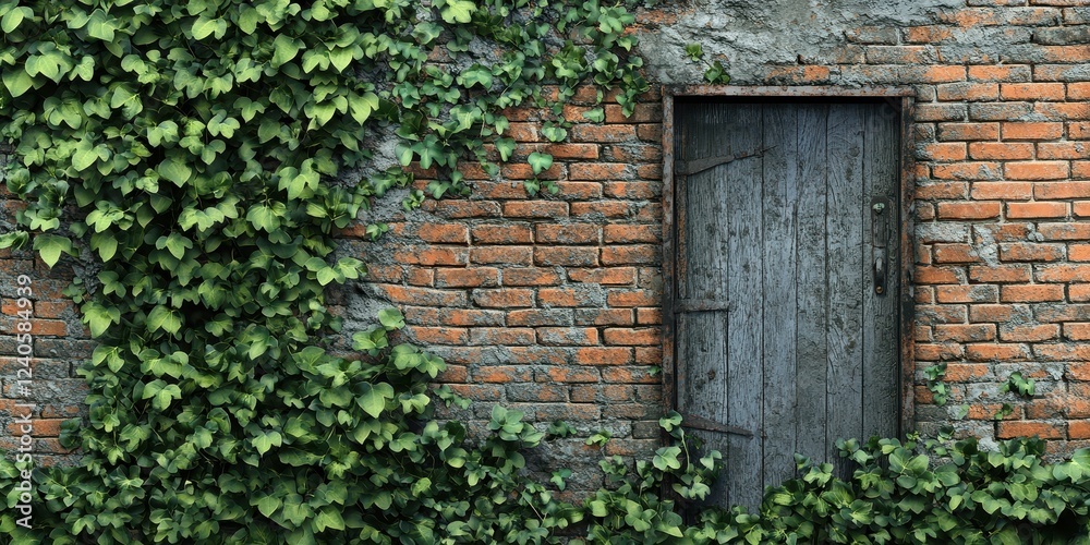 Overgrown Brick Wall With Weathered Wooden Door Overgrown Brick Wall With Weathered Wooden Door