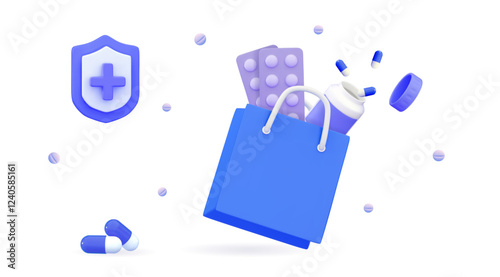 3d online pharmacy Bag with bottle and scattered pills and capsules Buy medical pills shopping concept 3d icon vector render illustration