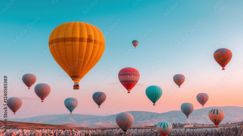 Obraz premium Spectacular aerial view of a massive hot air balloon festival with dozens of colorful balloons soaring over a picturesque countryside landscape at sunrise or sunset